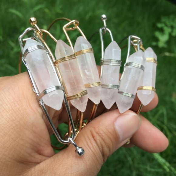 Double Terminated Rose Quartz Crystal Gold Bangle Bracelet - Picture 3 of 7